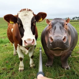 selfie stick photo of a cow and it's hippopotamus best friend