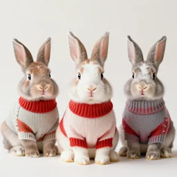 Rabbits wearing sweaters.