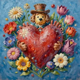 highly detailed richard scarry oil painting of a heart surrounded by all the known species of flowers
