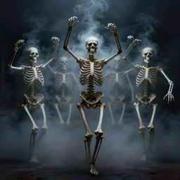 ghostly vertical skeletons wreathed in dark smoke dancing, scenic full shot, ambient lighting, detailed face, by rembrandt, stanley artgerm lau, wlop, rossdraws