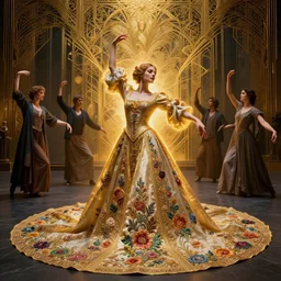 symmetry!!!! dance meditation, madison beer, long beautiful voluminous medieval court dress with train and embroidered flowers, highly detailed, glowing, action pose, cinematic, art deco, gold filigree, ethereal, alfonso mucha, zdzisław beksinski, andrei ryabovichev, shaun tan, chriss foss, peter mohrbacher, 4 k
