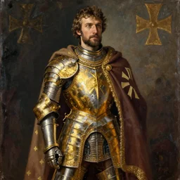 man in 15 century decorated with gold crusader armor and cape with crusader insignia oil painting realistic