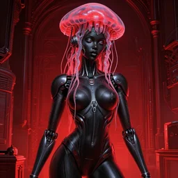portrait of an absurdly beautiful, graceful, sophisticated, fashionable black cyberpunk mechanoid gravure idol, hyperdetailed illustration by irakli nadar, adut akech, matt wisniewski style, intricate linework, dark black skin, box jellyfish headdress, unreal engine 5 highly rendered, global illumination, red light, detailed and intricate environment