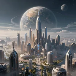 futuristic city on a distant planet by christopher balaskas, vivid, detailed, masterpiece, ethereal, atmospheric