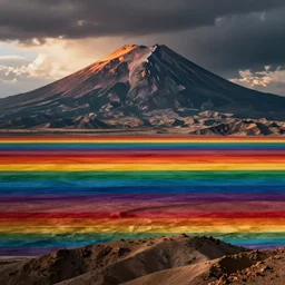 vast landscape that looks like a horizontal rainbow layer cake which peaks at a tall mountain, digital art, cinematic lighting,