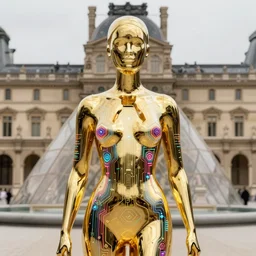 hyperdetailed masterpiece portrait of a glossy golden metallic statue of a woman covered in colorful glowing digital circuits and hexagons, symmetrical, in the style of virgil abloh, offwhite, heron prestorn, denoise, vogue, paris, fashion, louvre museum, highly detailed, realistic, hyperreal, 8 k, render