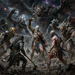 an ultra detailed matte landscape painting of the hunter from bloodborne teaming up with kratos from god of war, killing the great ones, epic fantasy, grimdark realism, cosmic horror, crossover space, ultrawide lens, intricate, highly detailed, digital painting, artstation, concept art, sharp focus, octane render, art by greg rutkowski and alphonse mucha and rembrandt, 8 k