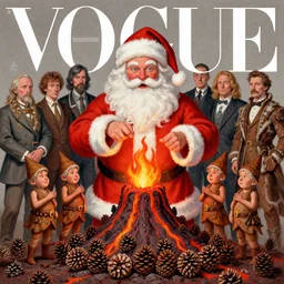illustrated portrait vogue designer Santa Claus Sacrificing the Elves to a Volcano God Altar made of pinecones and fire kenny scharf heinrich lefler giorgio de chirico marc simonetti greg rutkowski simon stalenhag anton semenov