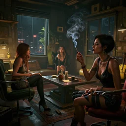 beautiful women in the interior of a cynerpunk apartment, by Jordi Bernet, 3d scene, render, ultra realistic, ray tracing, night time, volumetric light, smoking cigarettes, artstation, cgsociety, level design, unreal engine, 3d scene, zenith view