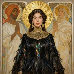 portrait painting of a stunning proud empress, artstation, mymodernmet, masoona of rupee rags, by amir ershadi, by ben enwonwu, by alphonse mucha, by soey milk, by salwar kameez, gold foil aureola, black dress of iridescent feathers, high neck collar, divine, saint, mixed media
