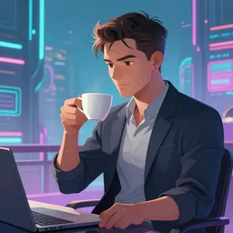 handsome startup CEO having a cup of coffee. sci-fi cyberpunk concept art