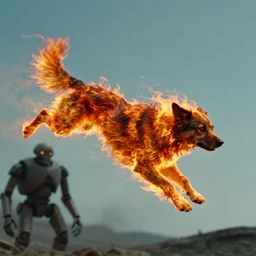 fiery dog flying through the air, film still from the movie directed by denis villeneuve and david cronenberg with art direction by h. r. giger and android jones