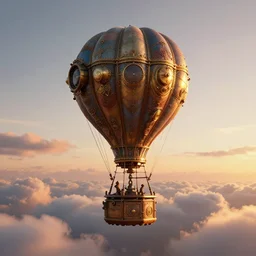 steampunk hot air balloon, skimming on top of clouds, intricate, sunset, beautiful composition. 3 d render