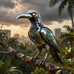 robotic scifi tropical bird with chrome beak and metal wings and glowing eye perched on a tree branch, lush city park, golden hour, intense storm clouds, city background, electronics circuit board and wires, panels and rivets, grunge and dirt, sharp details, octane render, artstation