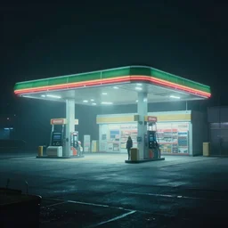 a convenience store at a gas station in the dark and misty night, observed from afar in the fog, cyberpunk style ( 2 0 6 0 ), retro futuristic style