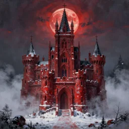 A hyper realistic oil painting of a gothic castle made out of crimson stone, surrounded by snow, surrounded by fog, moody cinematic lighting, red moonlight above the castle, hyper detailed, by greg rutkowski, trending on artstation