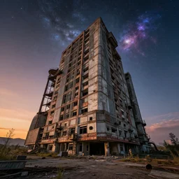 a beautiful photorealistic highly detailed urbex architecture abandoned building industrial architecture city monolith nature by le corbusier, scumm bar retro steampunk fisheye futuristic cosmic tundra elysian nightsky galactic dieselpunk at dawn sunset, archdaily, wallpaper, highly detailed, trending on artstation.
