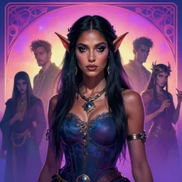 medium shot painted portrait, maya ali wind sorcerer, gloomhaven, matte painting concept art, art nouveau, backlit vaporwave gradient background, fantastically gaudy colour, aesthetic octane render, 8 k, by ilya kuvshinov and cushart krentz and gilleard james