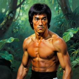 color portrait of bruce lee in the jungle by frank frazetta, great likeness ! asthetic ! detail !