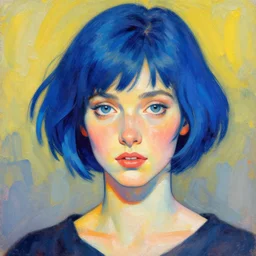 woman with short blue hair by bastien lecouffe - deharme, colorful, woman, 4 k very - detailed, high - quality portrait, deviantart, artstation trending