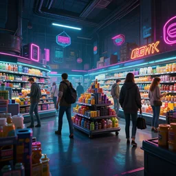 photo environement cyberpunk super market : 4, 4 k rtx hdr volume light concept studio matte painting environement digital illustration style cyberpunk 2 0 7 7 artstation artur tarnowski, mihai muscan, marcin tomalak, marta leydy, marcin stepien, charlotte hughes, zuzanna dabrowa neon bioluminiscence