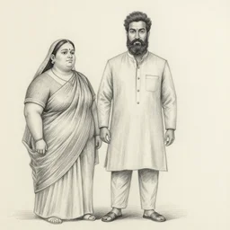 pencil sketch of vinod with beard standing with a fat lady