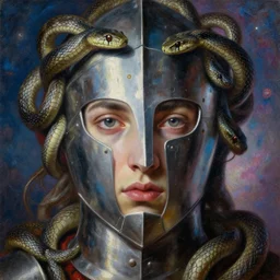 hyperrealism oil painting, close - up portrait of face from a tangle of snakes medieval fashion model, knight, steel gradient mixed with nebula sky, in style of baroque