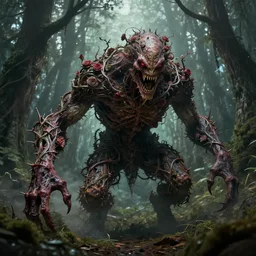 a shambling being made of rose thorn vines and reptilian anger, a lurking hulk in the forest. lovecraft giger fantasy horror monster, ron spencer, carl critchlow
