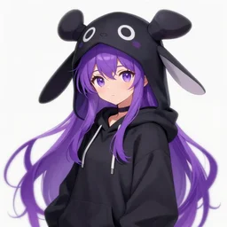 Beautiful Digital illustration of long purple haired anime girl with black hoodie and enderman hat