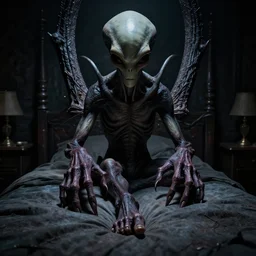 demonic alien with long fingers at the foot of the bed in a dark room, beksinski, dariusz zawadzki, very coherent symmetrical artwork, cinematic, hyper realism, high detail, octane render, 8 k