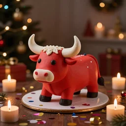 cake in shape of a bull in a dim lit festive room, red colored bull, photography, 8 k, featured on flickr, sparkling candles, confetti, joyful