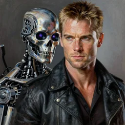 realistic portrait beautiful painting from scene in the terminator movie, when robot turned into james bond. horror, created by thomas kinkade and gustave courbet, fine draw, high detailed, fine lighting, smooth draw, no anomaly.