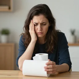 a photo of a woman losing her patience because she can't find the paper towel