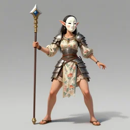 female changeling in floral - patterned light armor, wielding a decorated pole weapon halberd, barefoot in sandals, wearing noh theatre mask, capricious, energetic, provocative, realistic proportions, reasonable fantasy, in the style of dnd illustrations, tabletop rpg.