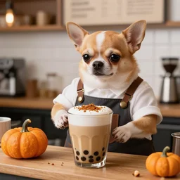 “A fat chihuahua barista making a pumpkin spice latte containing tapioca pearls. Award-winning, 4k, high quality”