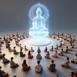 hundreds of virtual reality avatars of people meditating, sitting in concentric circles around a giant bodhisattva hologram, wide shot, game screenshot, concept art, octane render