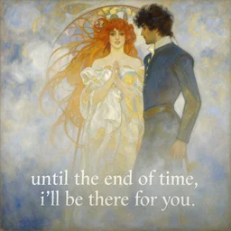 a message painting of until the end of time, i'll be there for you, you own my heart and mind, i truly adore you, in the style of delphin enjolras and alphonse mucha, hazy, cloudscape