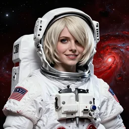 highly detailed portrait of a hopeful pretty astronaut lady with a wavy blonde hair, by Banksy, 4k resolution, nier:automata inspired, bravely default inspired, vibrant but dreary but upflifting red, black and white color scheme!!! ((Space nebula background))