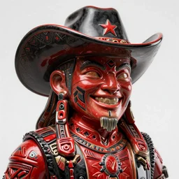 pfp ceramic portrait happy bounty hunter cyberpunk cowboy in tribal regalia, an idea seep's into infinity highly detailed in volumetric latent space, red and black, cinematic light, sharp focus, divine realm of gods, octane render,