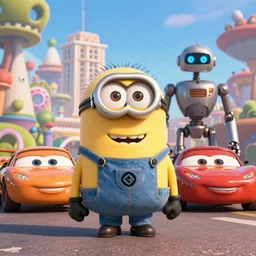 a Minions vs Mario, mechabot, movie pixar cars (2006) in the Movie Mad Max: Fury Road (2015), epic sandstorm battle, action,