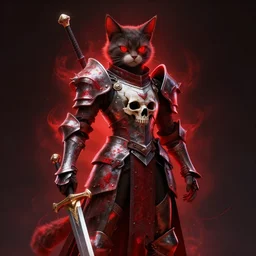 berserk skullknight armor and sword, anthropomorphic cat, red aura, fantasy dark portrait, 3 d render, masterpiece, by donato giancola and greg rutkowski and wayne barlow and zdzisław beksinski, realistic face
