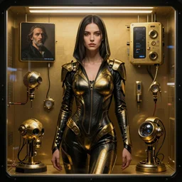 beauty woman wrapped in black and gold, full pallet image, Blade runner artifacts, electronic case display, cyberpunk tech, ultrarealistic, futuristic, three point lighting, dramatic lighting, electrical details, high details, 4k, 8k, best, accurate, trending on artstation, artstation, photorealism, ultrarealistic, digital painting, style of Peter Mohrbacher, Caravaggio, Caravaggio, Boris Vallejo, Hajime Sorayama