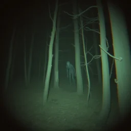 grainy trail cam photo still of an alien in the woods at night hiding in the trees of a forest