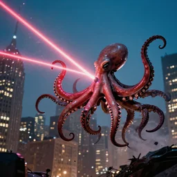 robot octopus battle with lasers in the sky over nyc. production photograph by moebius from sci - fi movie.