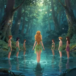 forest nymph rising from the water. view from behind, wide angle view, back view. nuri iyem, james gurney, james jean, greg rutkowski, anato finnstark, davinci, emma watson, gigachad. trending on artstation, starlight, and enchanted dreams. instagram photo shoot, trending on pinterest