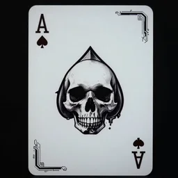 generate a beautiful ace of spades card, skull in middle, dark tint, cybernetic corners, post denoised, camera focus