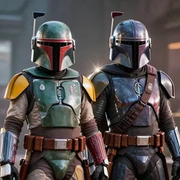 boba fett and mandalorian standing proudly shoulder to shoulder ultra realistic, lens flare, atmosphere, glow, detailed, intricate, full of colour, cinematic lighting, trending on artstation, 4 k, hyperrealistic, focused, extreme details, unreal engine 5, cinematic, masterpiece, ultra realistic, hyper realistic, highly detailed, sharp focus, digital art