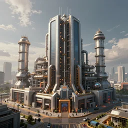 an epic 3 d render of a massive cyberpunk factory building, by visualdon, trending on artstation