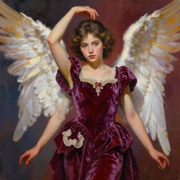 an intricate artistic pose painting of a beautiful young angel girl with an artistic pose wearing a beautiful velvet dress, detailed face, hyper detailed, octane render, vivid colors, artstation, by jeremy mann, by boris vallejo