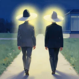 two men wearing big hats walking the path of love and light by adrian ghenie and takato yamamoto and edward hopper and mark ryden and tsutomu nihei, part by bridget riley, acrylic pour and splashing paint, very coherent, baroque elements, perfect anatomy, intricate design. pop art.